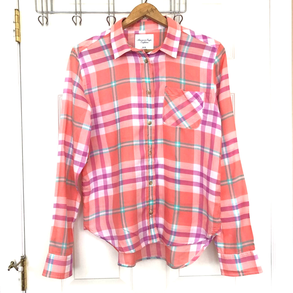 American Eagle Button Down Top Plaid Pastel Medium